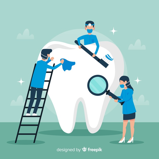 ilustración dentistas arreglando un diente.