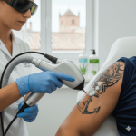 Eliminación de tatuajes en el centro de Sevilla: Tecnología láser y procesos de despigmentación 6 Aplicación de láser de picosegundos para eliminar un tatuaje negro en el brazo en una clínica estética de Sevilla. Servicio de eliminación de tatuajes en el centro de Sevilla