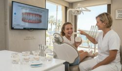 Brackets en Marbella: Guía completa para elegir la mejor ortodoncia para tu sonrisa 5 Una paciente sonríe en la Clínica González del Río en Marbella, mostrando brackets estéticos transparentes.