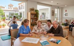 La decisión de elegir un nuevo hogar en la tercera edad 4 Personal sociosanitario atendiendo a personas mayores en una residencia de mayores en Sevilla, destacando instalaciones accesibles y actividades.